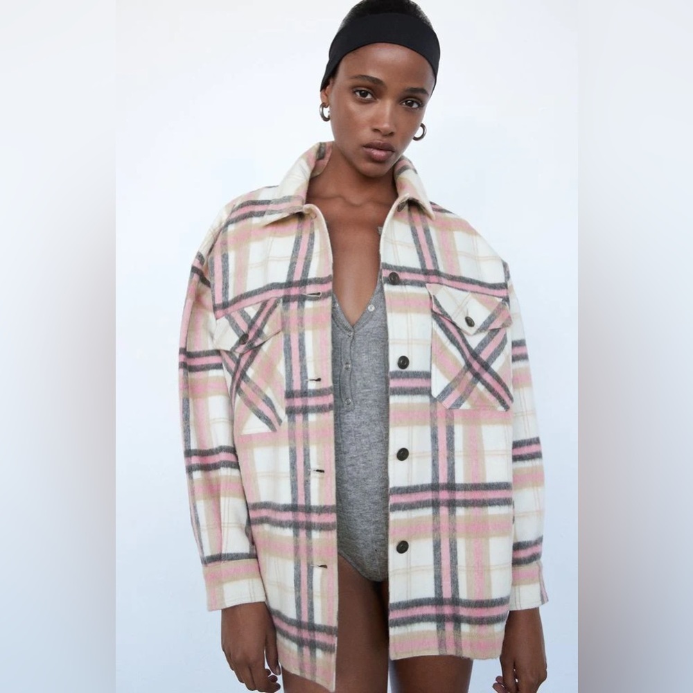 ZARA Ivory Pink Plaid Check Acrylic Wool Blend Overshirt Shacket Jacket, Size S